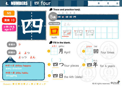 kanji workbook numbers 4. shi